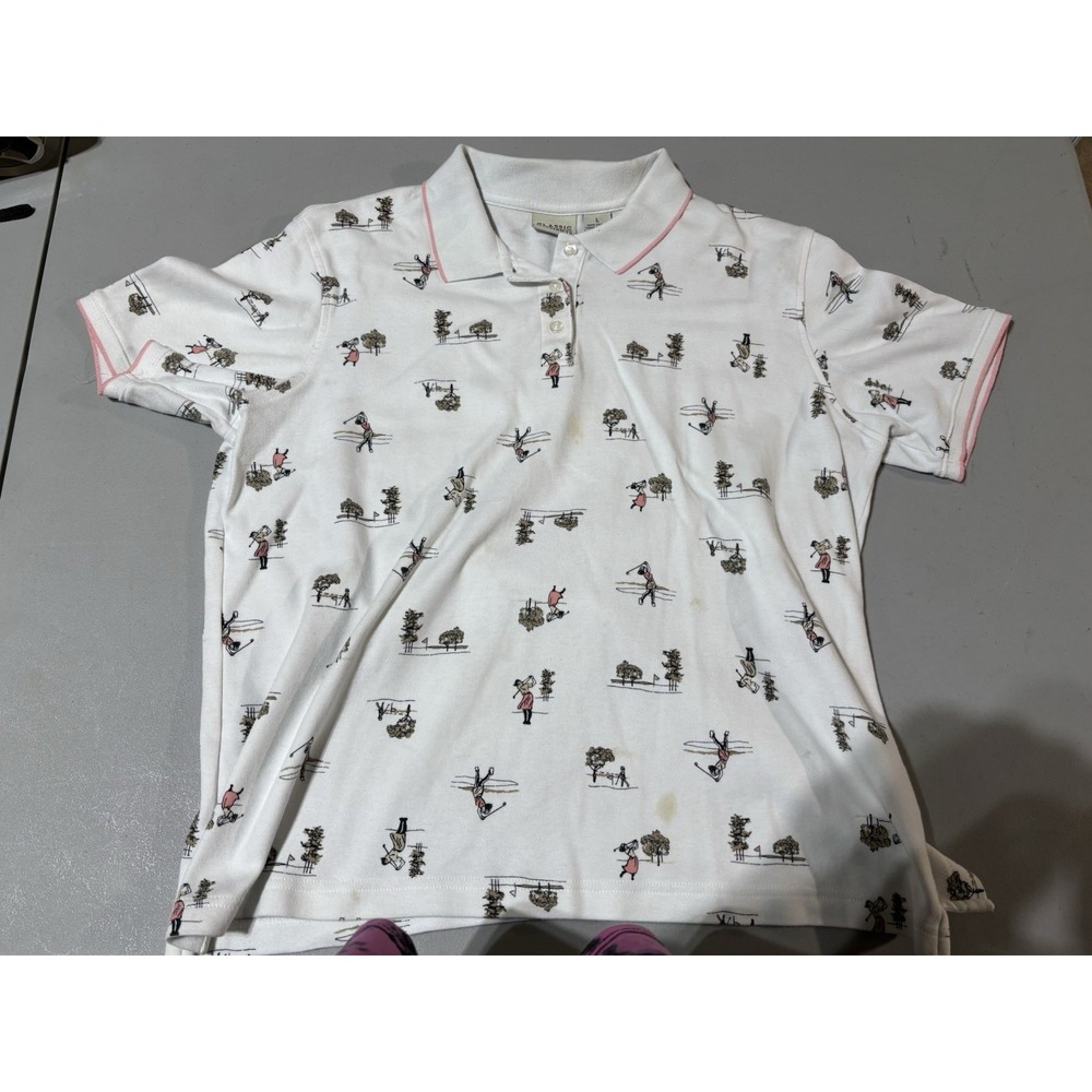 Classic Elements 100% Cotton white‎ Fun Golf Collared T-shirt Size Large